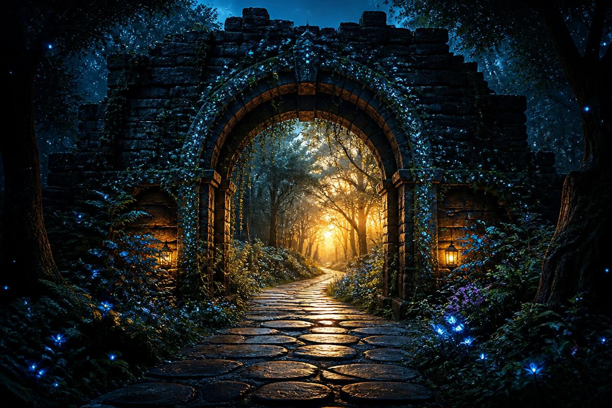 Arco di pietra antico che si apre su un sentiero luminoso, simbolo di trasformazione